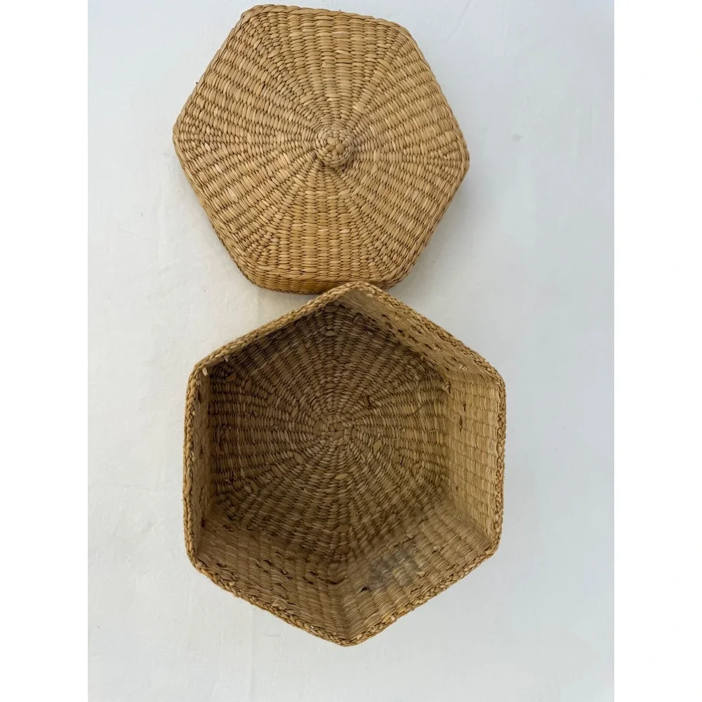 Vintage Cottage Hexagon‎ Woven Seagrass Basket w/Lid Boho Storage Decorative Box
